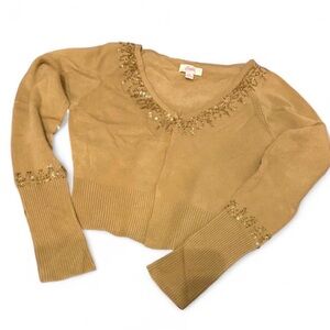 Y2K Vintage Candie's Tan V-Neck Cardigan with Gold Sequins